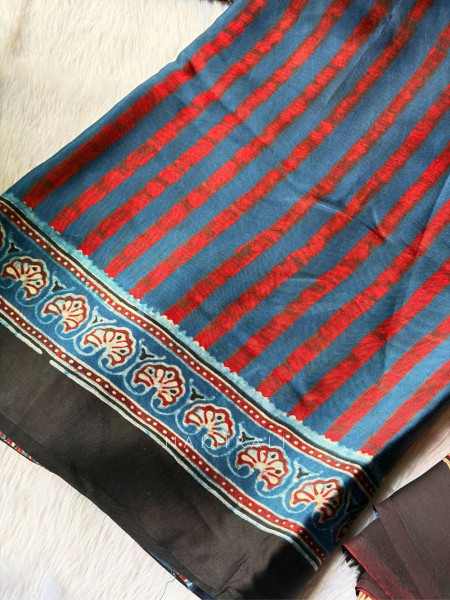 Kashti Blue  Modal Saree with Ajrak Border