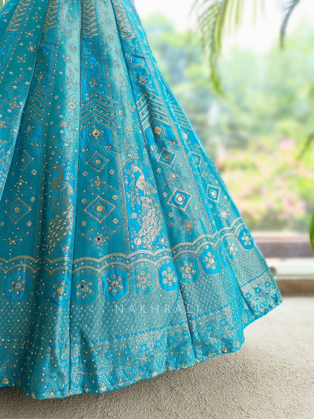 Mrigesha Rama Banarasi Silk Lehenga Set With Mirror Cutdana Work