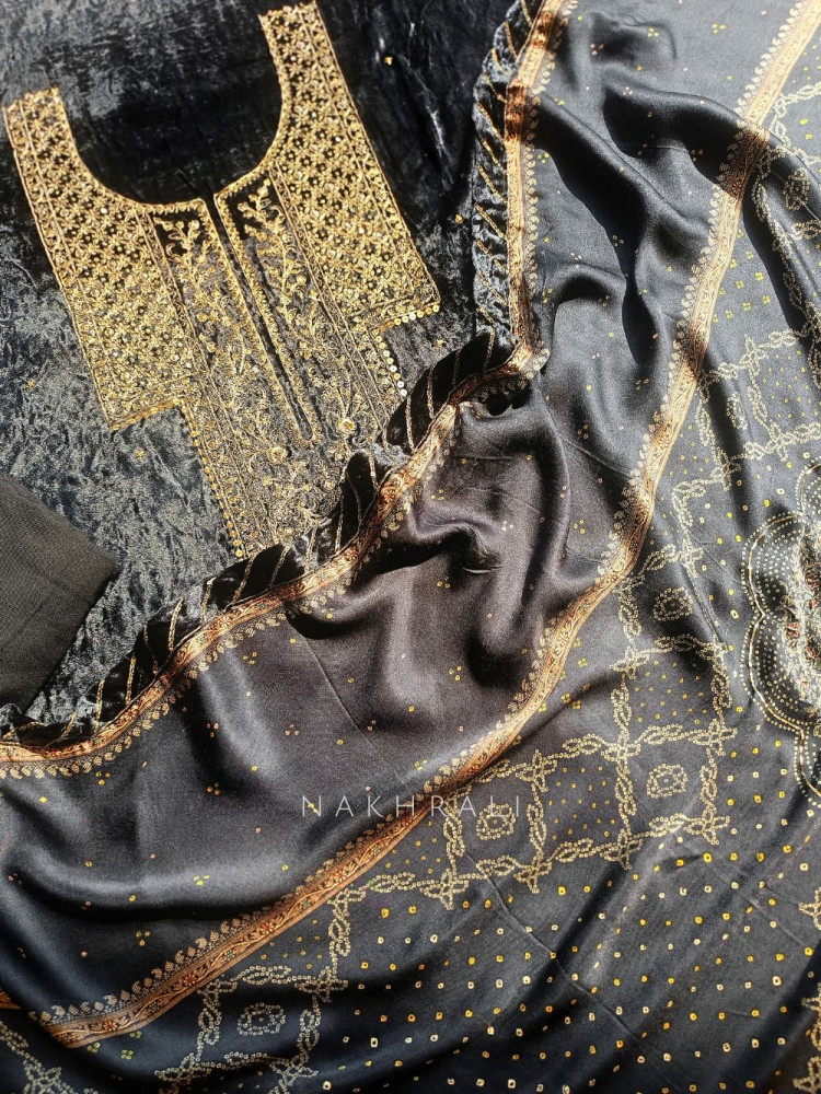 Image of Midnight Noir Velvet Dress Material Set