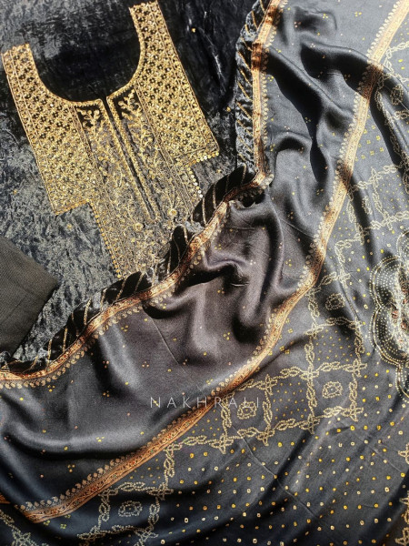 Midnight Noir Velvet Dress Material Set