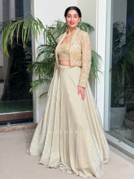 Hemisha Cream Crinkled Metallic Tissue-Satin & Tulle Jacket Lehenga Set