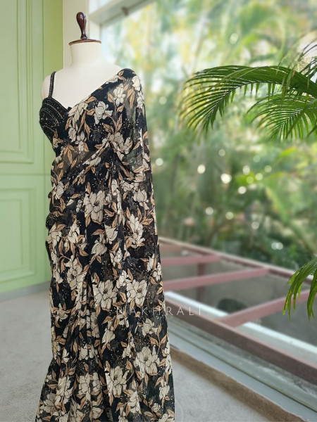 Carvella Black Pure Georgette Semi-Organza Floral Saree with Embroidered Bustier Blouse
