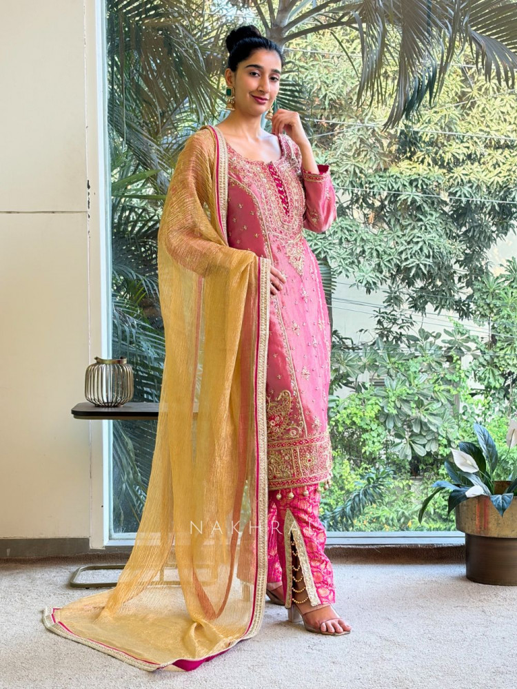 Image of Millie Pink Embroidered Designer Suit Set with Golden Dupatta