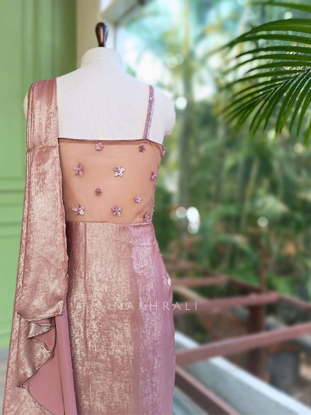 Seriva Peach Long Drape Gown with Bead and Sequin Work
