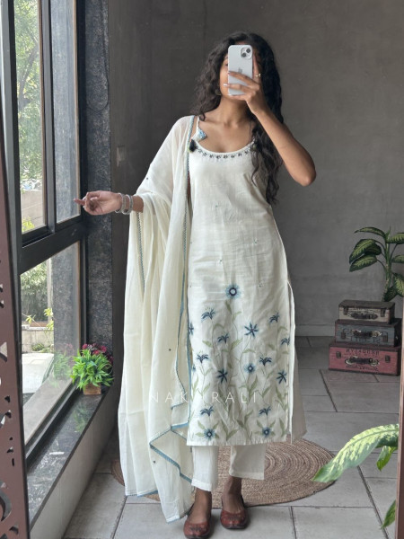 Phoolvika Cream Khadi Cotton Suit Set with Embossed Flower Work