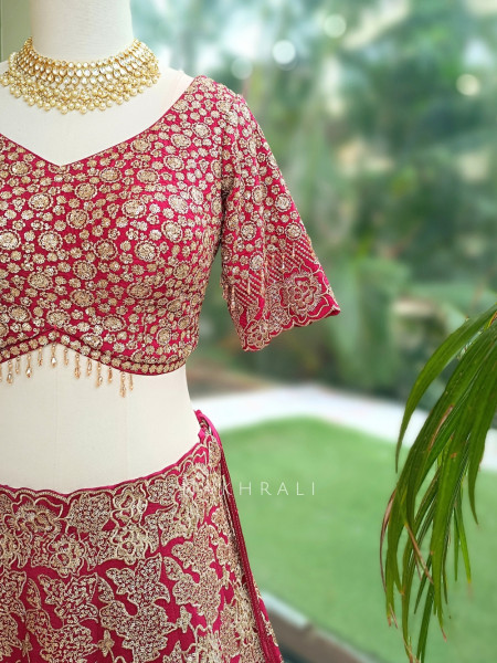 Pushkara Magenta Raw Silk  Bridal Lehenga