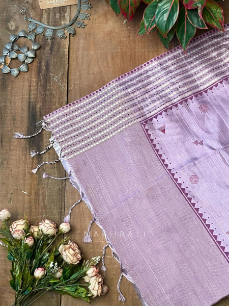Vadi Purple Raw Silk Saree with Embroidery & Block Print
