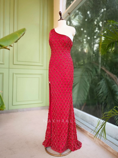 Scarlet Mirage Red Prom Gown with Sequin, Cut Dana & Stone Work