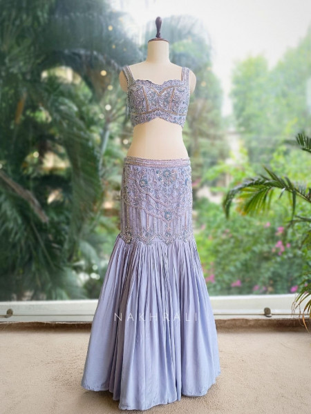 Elysia Grey Embroidered Crop Top Skirt Set with Cape