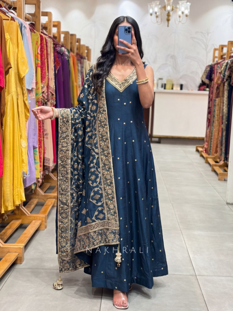 Image of Fiza Teal Blue Butti Anarkali with Heritage Border