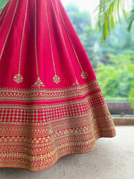 Rosethorne Red Raw Silk or Satin-Silk Unstitched Bridal Lehenga With Antique Zari Jaal Work
