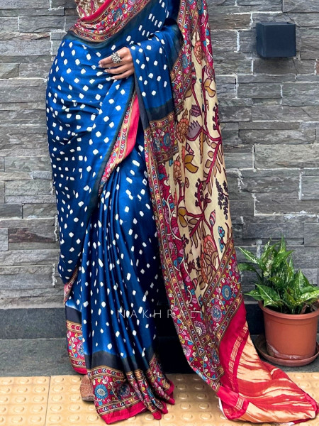 Bindu-Kalam Indigo Blue Gaji Silk Bandhani Saree