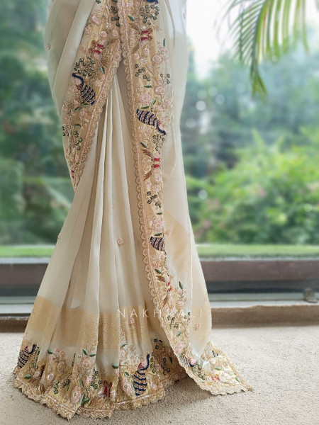 Meadowlark Cream Saree with Readymade Blouse and Beads Thread Embroidery