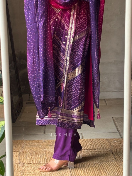 Rangdhaara Purple Bandhej Suit Set with Gota Patti Work