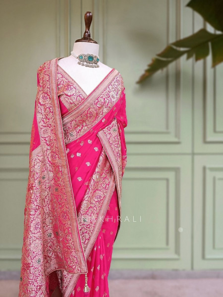 Padmika Magenta Banarasi Katan Silk Saree with Zari Buti and Meenakari Brocade Pallu