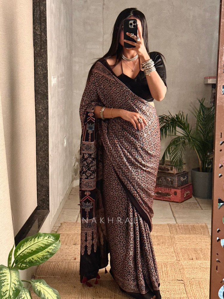 Image of Mehr Black Modal Silk Saree with Ajrakh Inspired Print