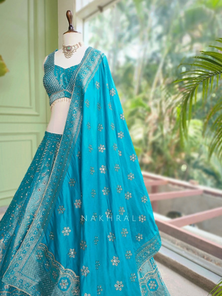 Mrigesha Rama Banarasi Silk Lehenga Set With Mirror Cutdana Work