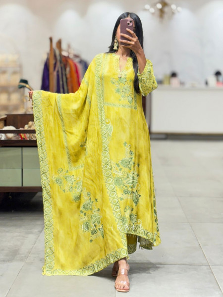 Sunhera Yellow Muslin Suit Set with Floral Print