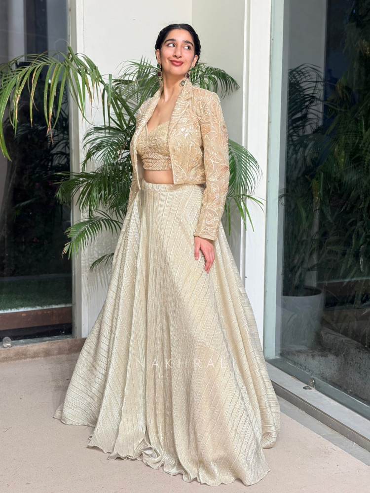Image of Hemisha Cream Crinkled Metallic Tissue-Satin &amp; Tulle Jacket Lehenga Set