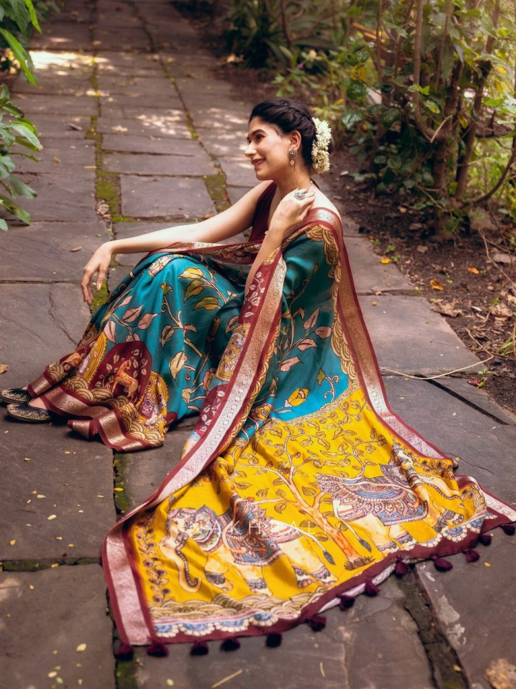 Image of Tanirika Blue Kalamkari Saree