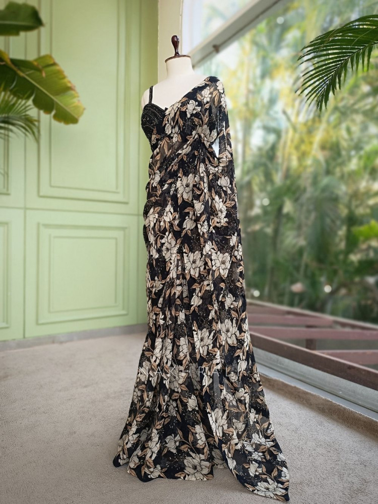 Image of Carvella Black Pure Georgette Semi-Organza Floral Saree with Embroidered Bustier Blouse