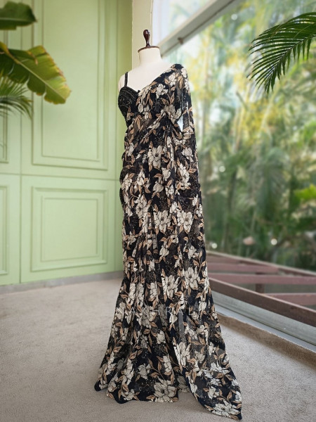 Carvella Black Pure Georgette Semi-Organza Floral Saree with Embroidered Bustier Blouse