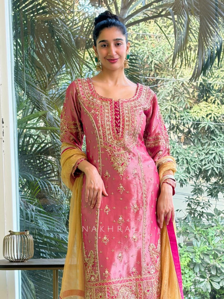 Millie Pink Embroidered Designer Suit Set with Golden Dupatta