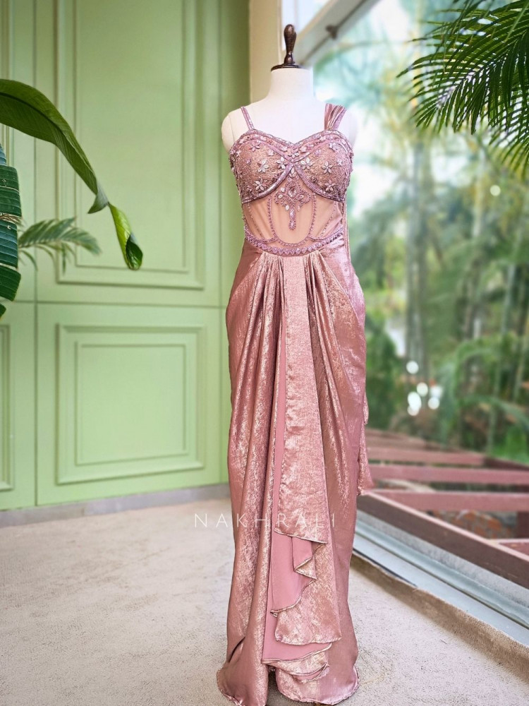 Image of Seriva Peach Long Drape Gown with Bead and Sequin Work