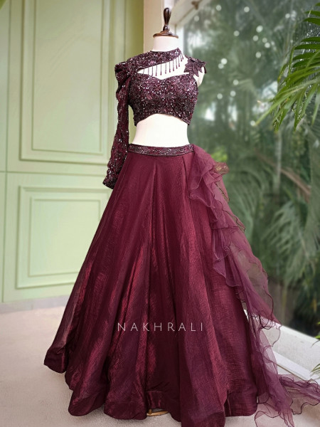 Nayara Maroon Indo-Western Lehenga with Sequin and Cut Dana Work