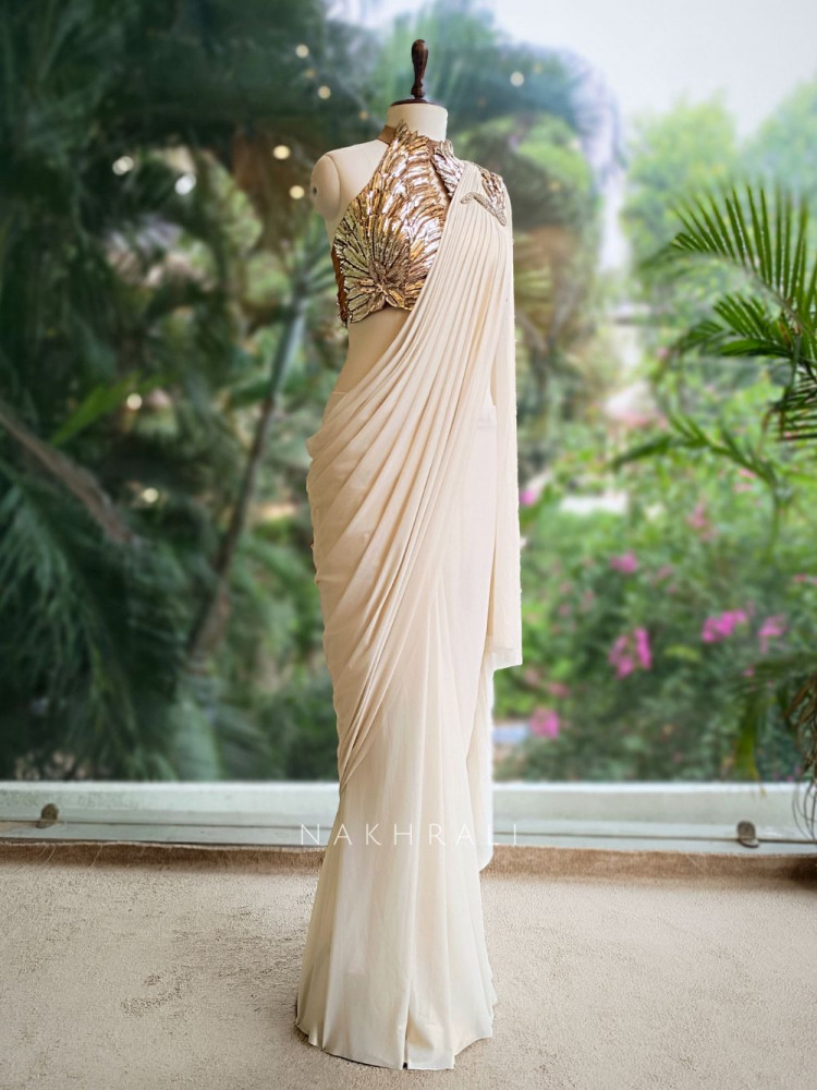 Image of Sera Ivory Shimmer Halter Neck Drape Saree