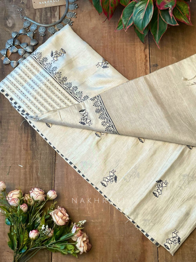 Image of Vadi Black Raw Silk Saree with Kantha &amp; Tribal Embroidery