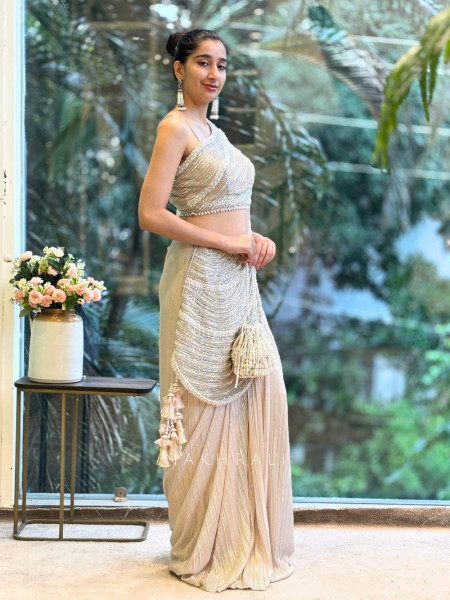 Stardust Peach Drape Saree with Cutdana and Pearl Work