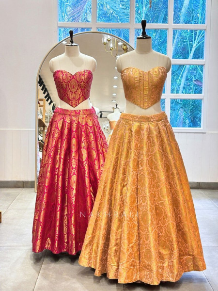 Aarunya Sunset Yellow Banarasi Brocade Silk Lehenga Set