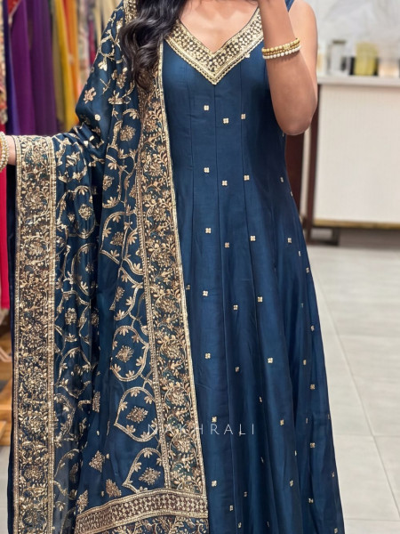 Fiza Teal Blue Butti Anarkali with Heritage Border