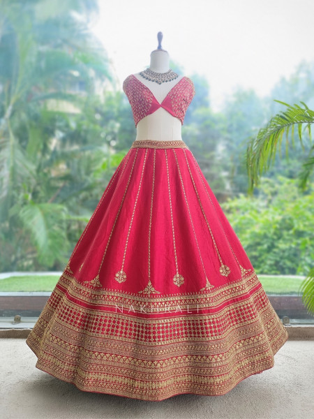 Rosethorne Red Raw Silk or Satin-Silk Unstitched Bridal Lehenga With Antique Zari Jaal Work