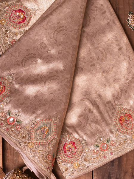 Royal Princess Beige Banarasi Silk Saree with Zardozi Detailing