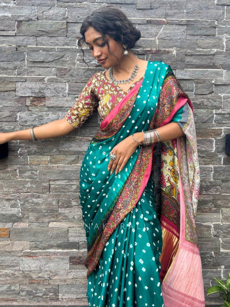 Kalam-Kari Bandhan Rama Green Gaji Silk – Bandhani Saree