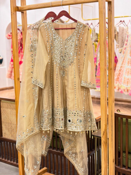 Mehreen Beige Mirrorwork Kurta Pant Set