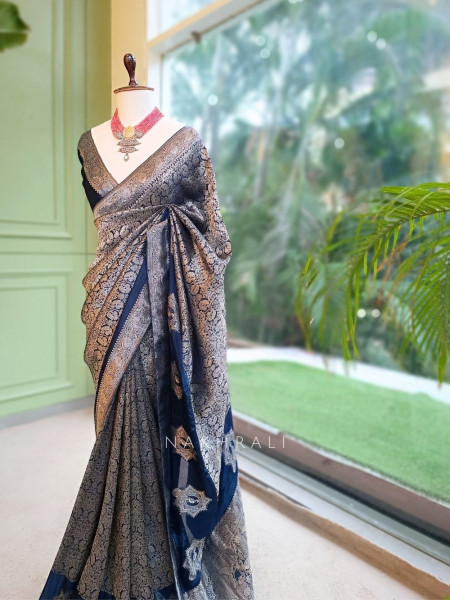 Noor-e-Kashi Katan Silk Blue Saree With Banarasi Zari Brocade Weave