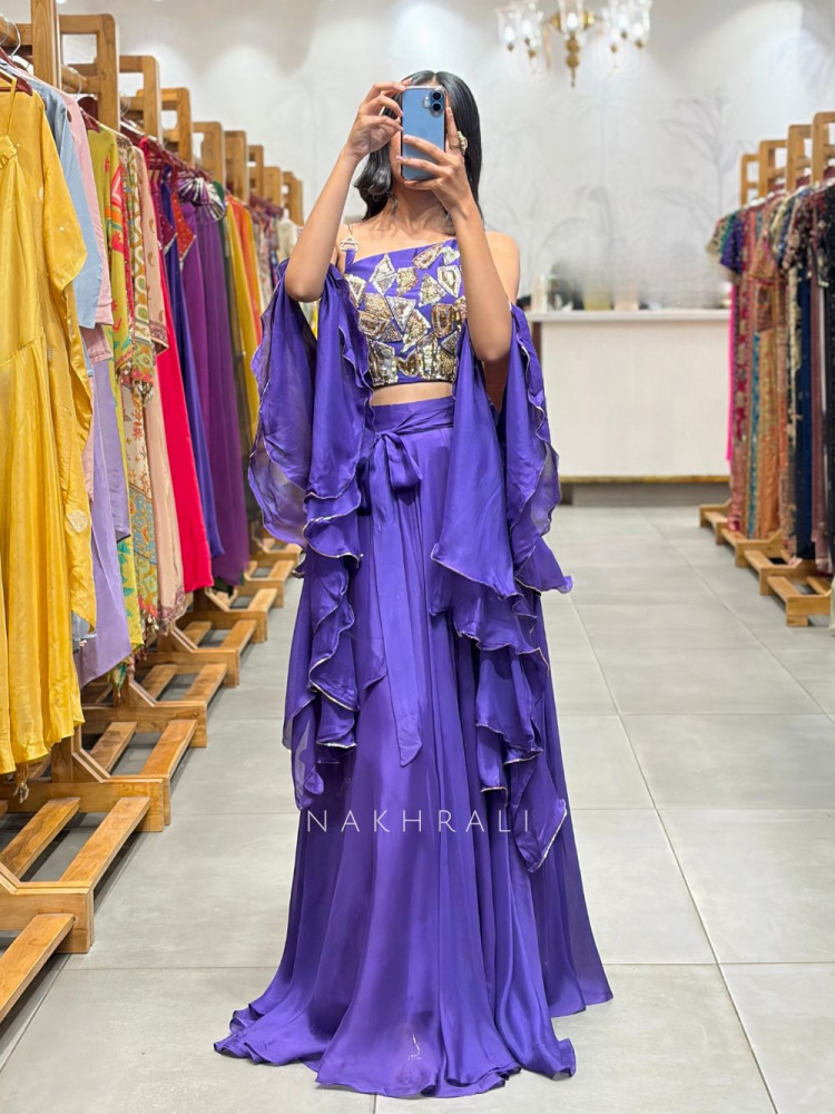Image of Noirya Purple Indo Western Drape Skirt Set with Sequin Work