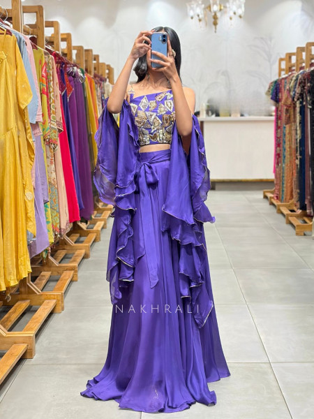 Noirya Purple Indo Western Drape Skirt Set with Sequin Work
