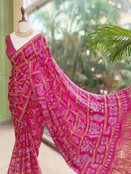 Rangsheesh Magenta Bandhani Saree with Heritage Border