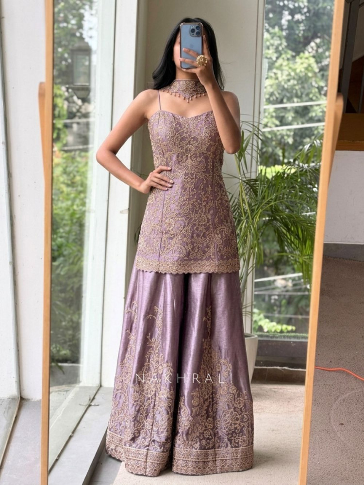 Image of Noor-e-Aura Scalloped Droplet Fusion Purple Plazo Set