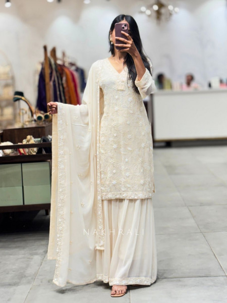 Noorleaf Cream Garara Set with Sequin and Cut Dana Work