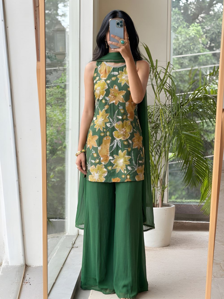 Image of Fiesta Green Floral Viscose Silk Indo-Western Sharara Set