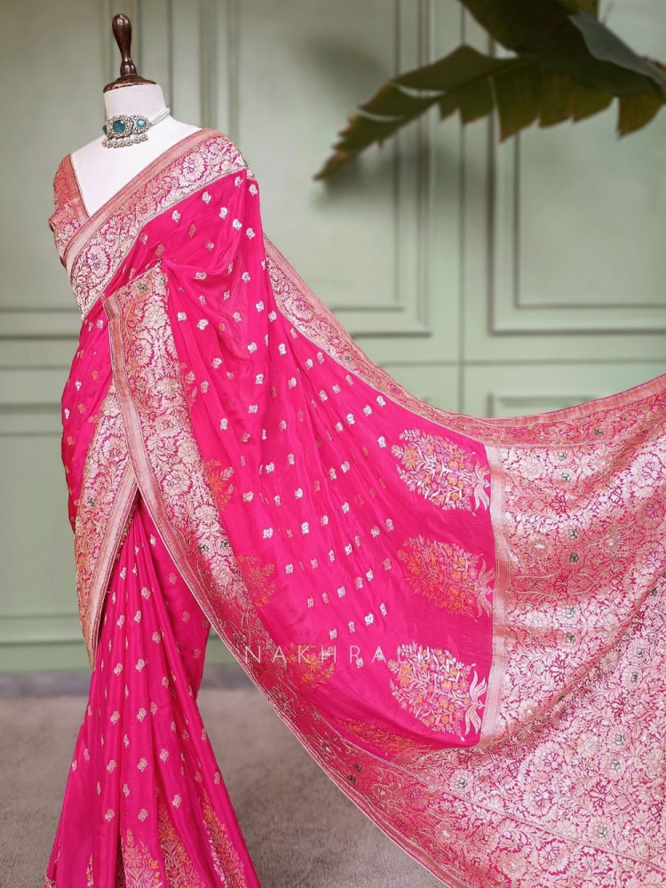 Image of Padmika Magenta Banarasi Katan Silk Saree with Zari Buti and Meenakari Brocade Pallu