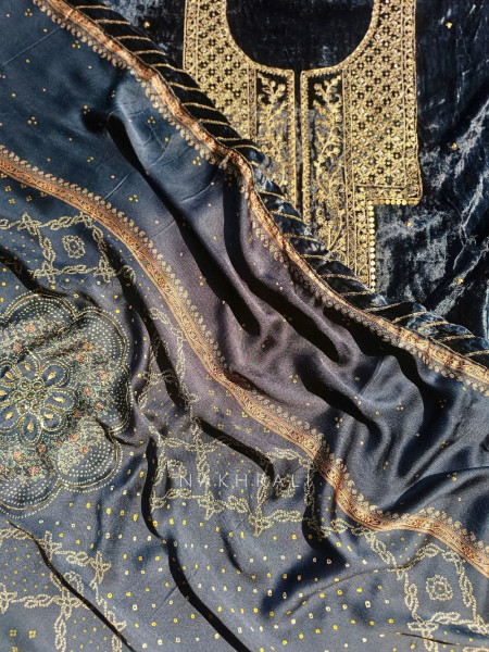 Midnight Noir Velvet Dress Material Set