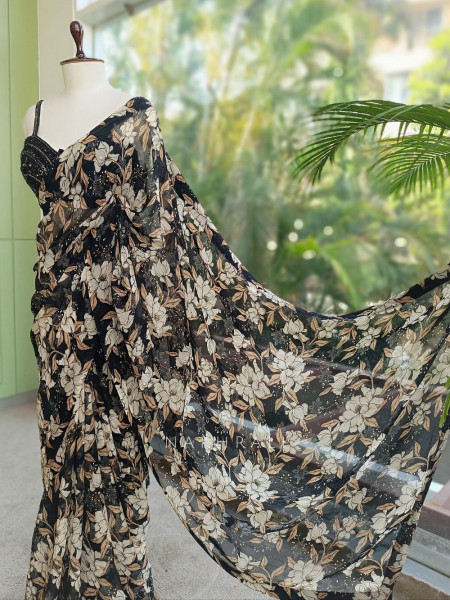 Carvella Black Pure Georgette Semi-Organza Floral Saree with Embroidered Bustier Blouse