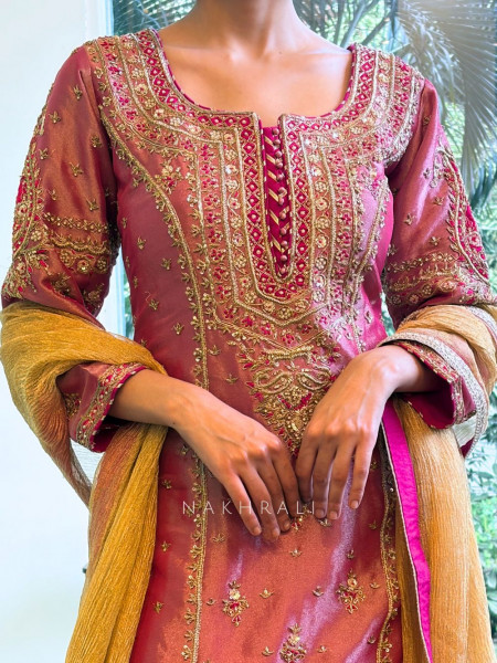 Millie Pink Embroidered Designer Suit Set with Golden Dupatta