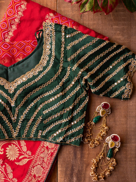 Pravahini Red Bandhani Saree with Sequin, Cut Dana & Mirror Work Readymade Blouse